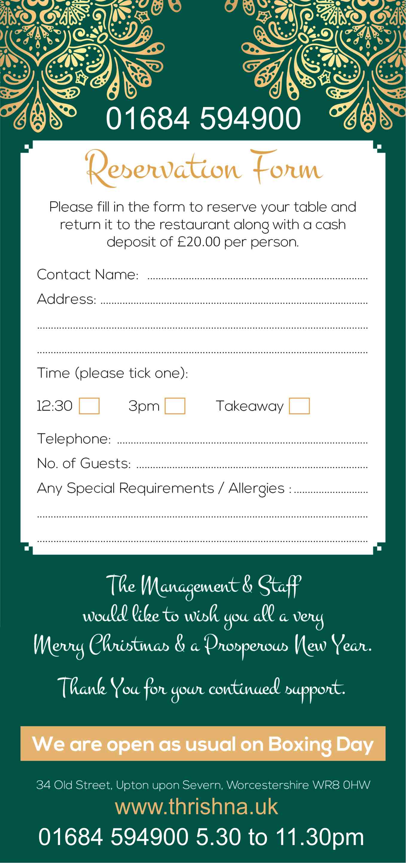 Christmas Day Rservation Form at Thrishna Premium Bangladeshi Restaurant
